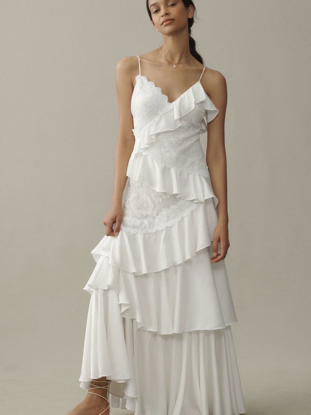 BHLDN White Lace & Ruffle Maxi Dress